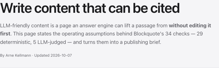 Opening of Blockquote's existing LLM-friendly guide, with Arne Kellmann's byline and Updated 2026-10-07.